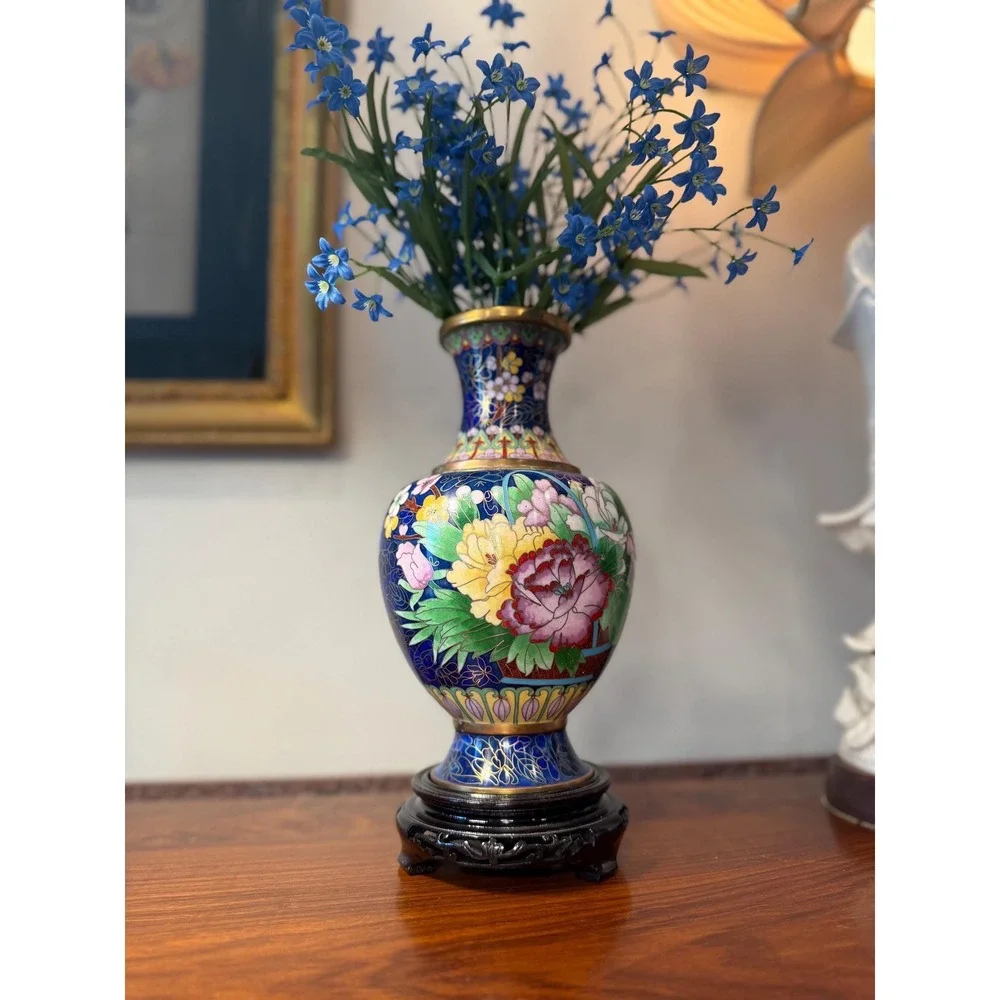 Vintage Cloisonné Vase with Carved Wood Stand